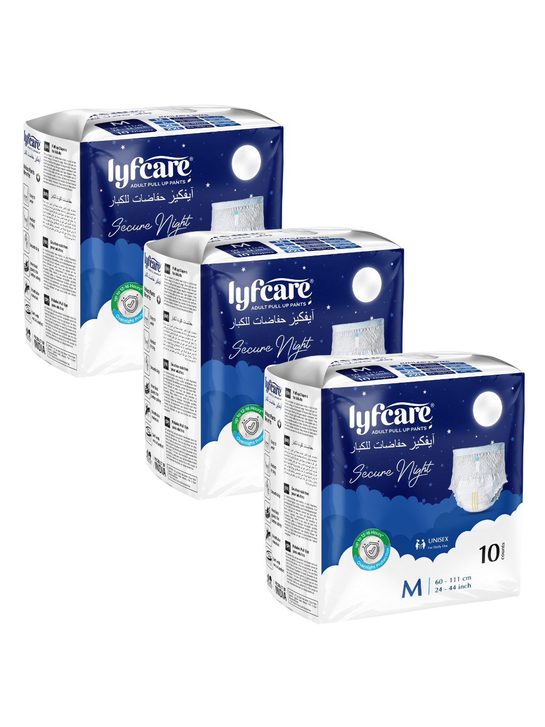 Lyfcare Set Of 3 Secure Night Adult Pull Up Diaper Pants - M - 10 Pieces Each