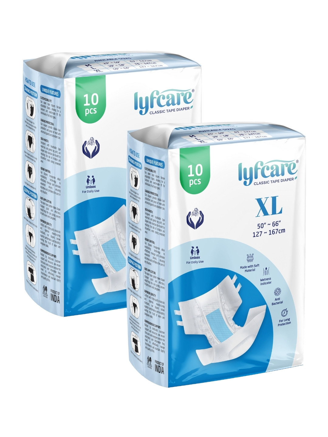 Lyfcare Set Of 2 Adult Classic Tape Diapers - XL - 10 Pieces Each