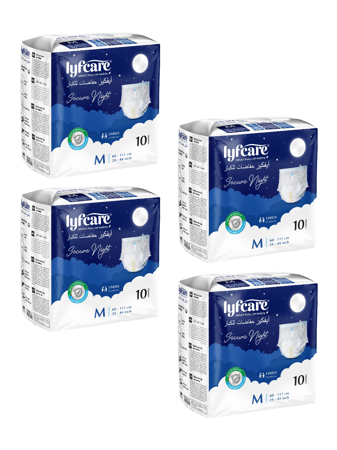Lyfcare Set Of 4 Secure Night Adult Pull Up Diaper Pants - M - 10 Pieces Each