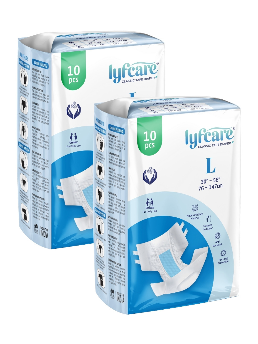 Lyfcare Set Of 2 Adult Classic Tape Diapers - L - 10 Pieces Each