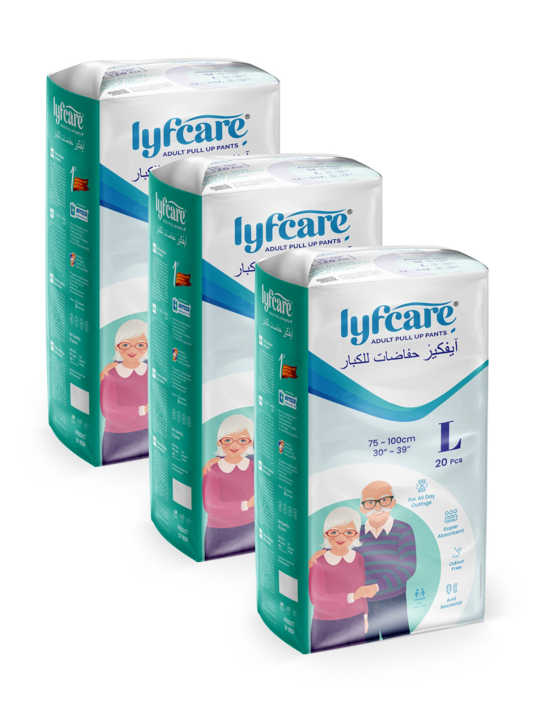 Lyfcare Set Of 3 Adult Pull Up Diaper Pants - L - 20 Pieces Each