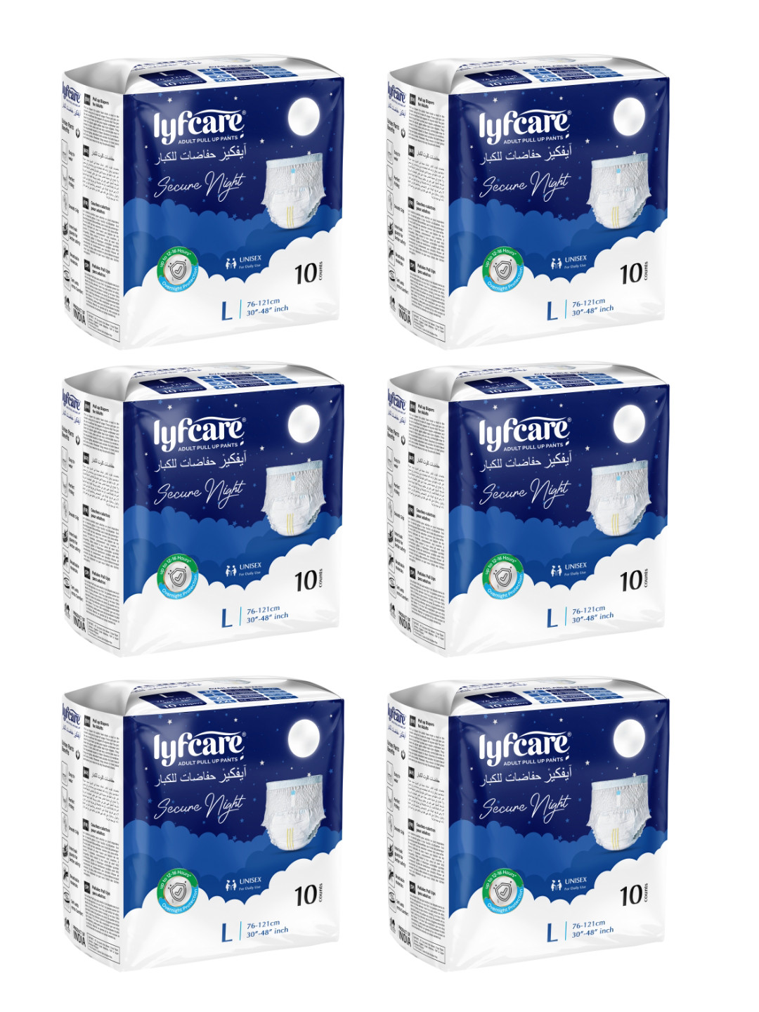 Lyfcare Set Of 6 Secure Night Adult Pull Up Diaper Pants - L - 10 Pieces Each