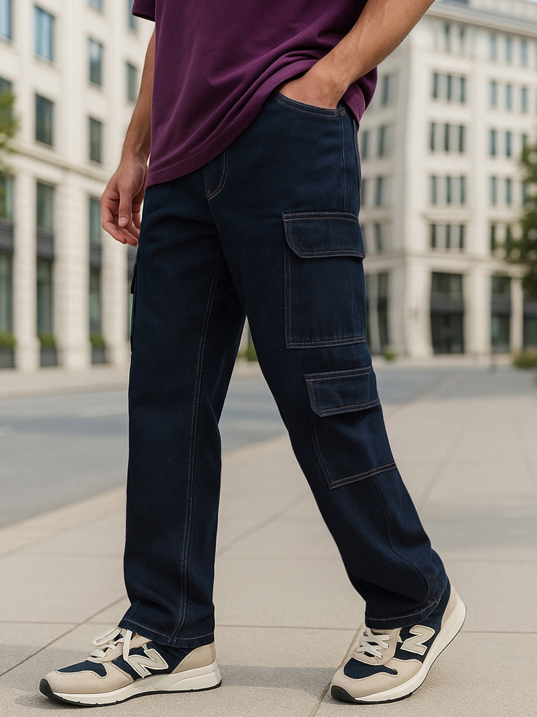 Bewakoof Men's Indigo Blue Baggy Washed Cargo Mid-Rise Jeans