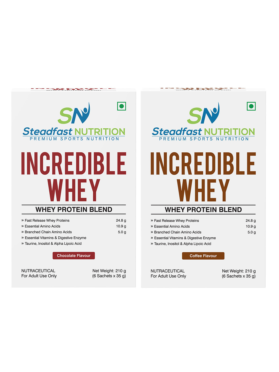 Steadfast Nutrition Set of 2 Incredible Whey Protein Chocolate Coffee 6 Sachets 420g