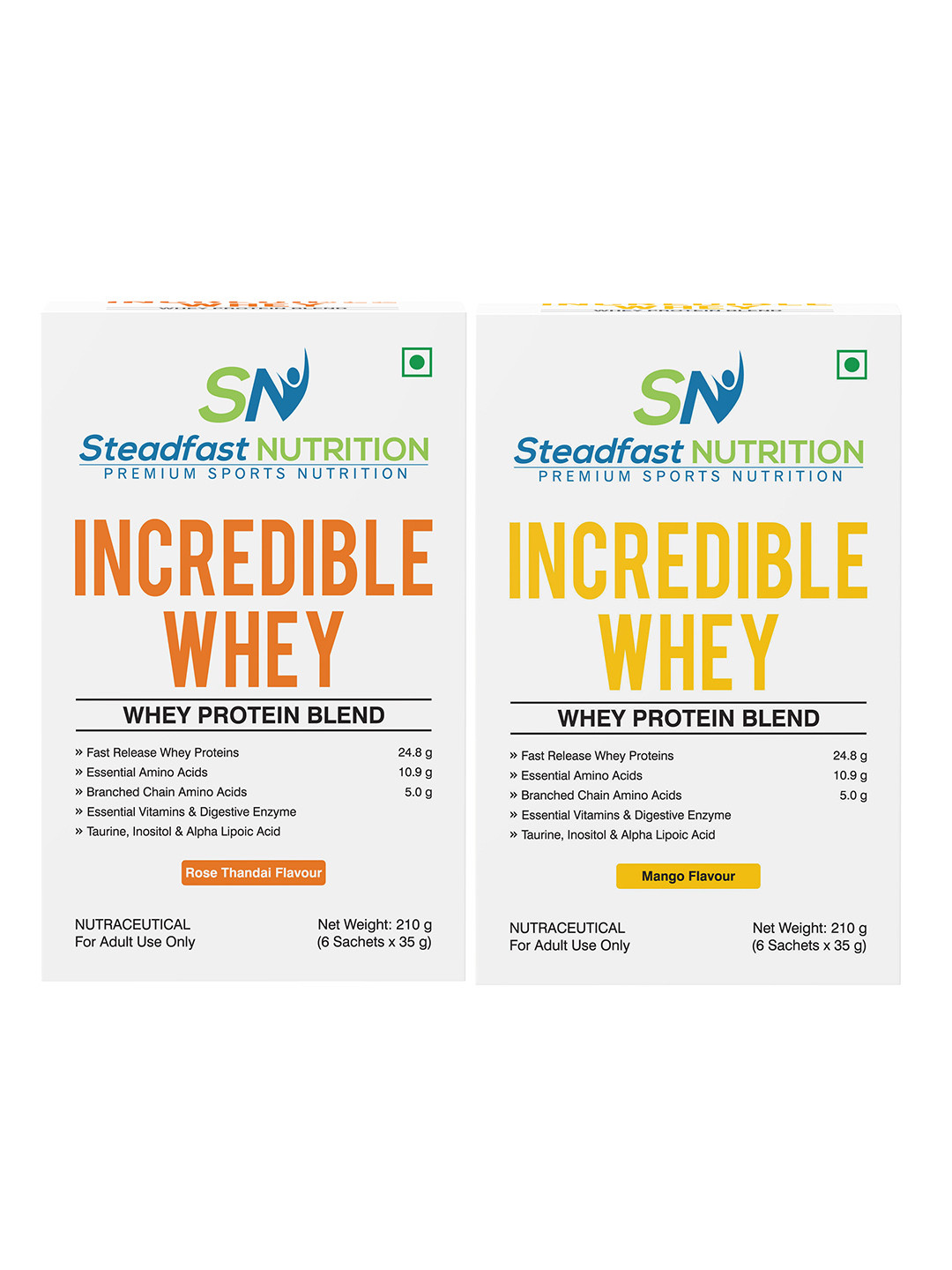 Steadfast Nutrition Set of 2 Incredible Whey Protein Mango & RoseThandai -6 Sachets -420g