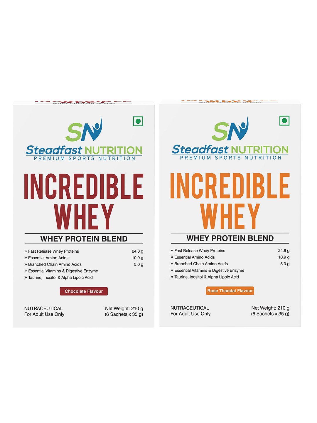 Steadfast Nutrition Set 2 Incredible Whey Protein Chocolate RoseThandai 6 Sachets 420g