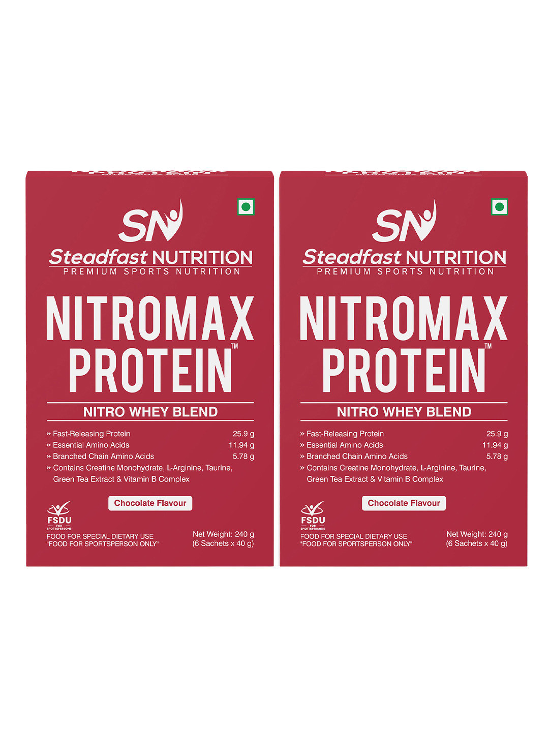 Steadfast Nutrition Set of 2 Nitromax Protein Nitro Whey Chocolate 6 Sachets 480g