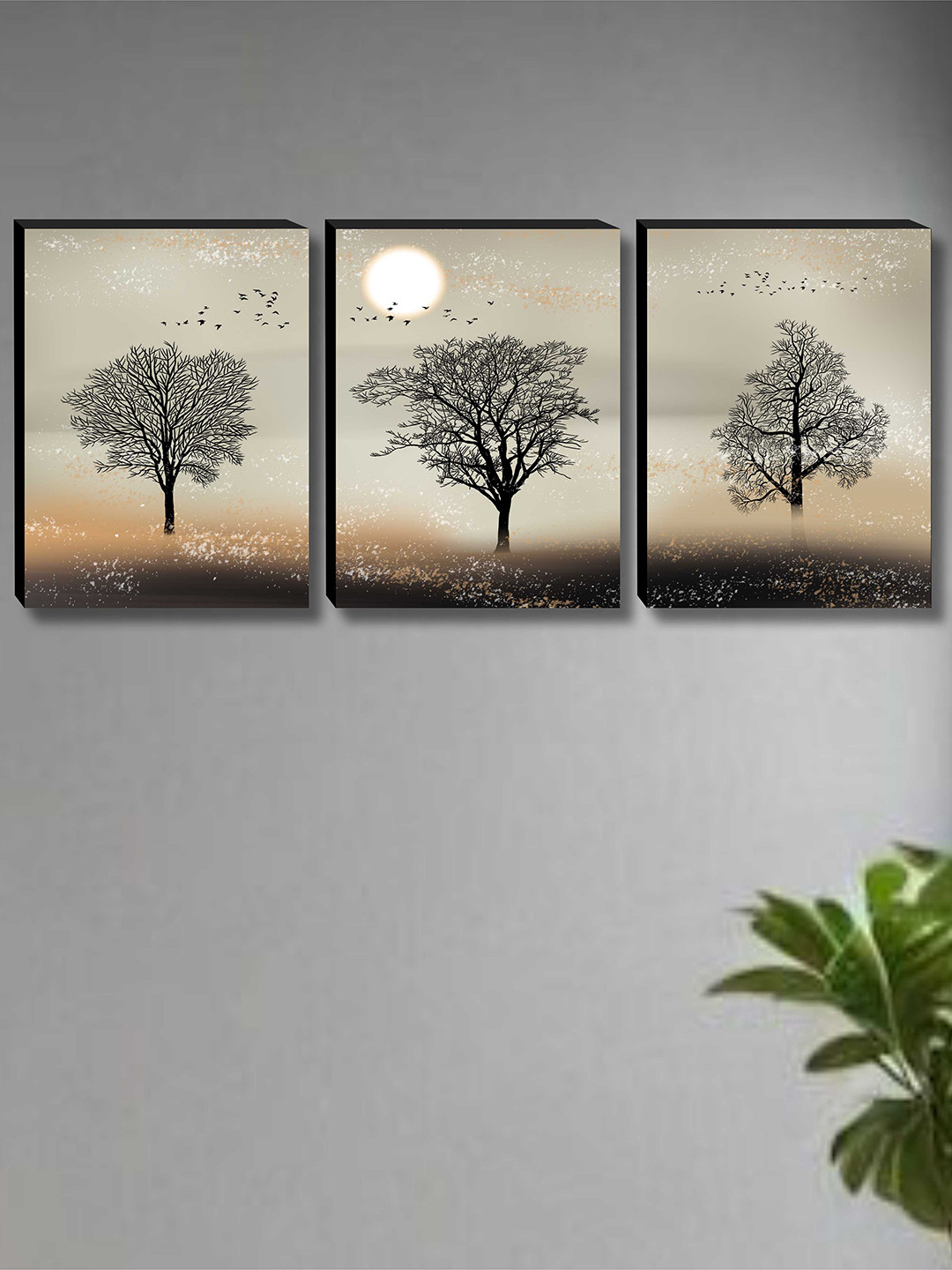 SAF Grey & Black 3 Piece Floral and Botanical Wood Other Wall Art