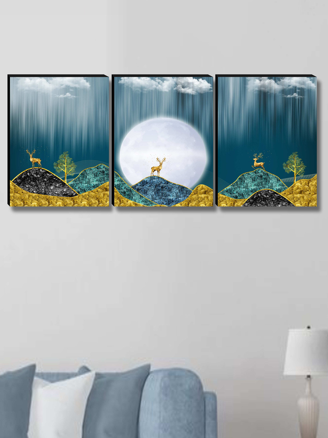 SAF Moon & Deer Wood 3 Piece Wall Rectangle Paintings Wall Art -27 x 12 In