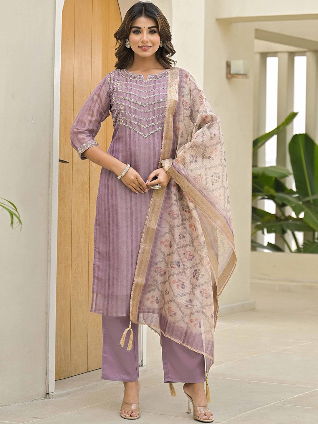Peachmode Striped Notch Neck Thread Work Crush Chanderi Kurta With Trousers & Dupatta