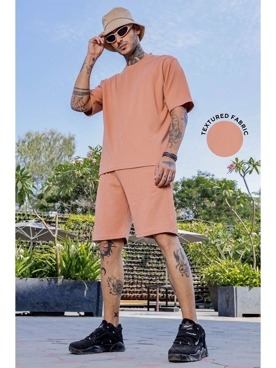 House of Koala Unisex Textured Oversized Round Neck Tee & Shorts Co-ord Set