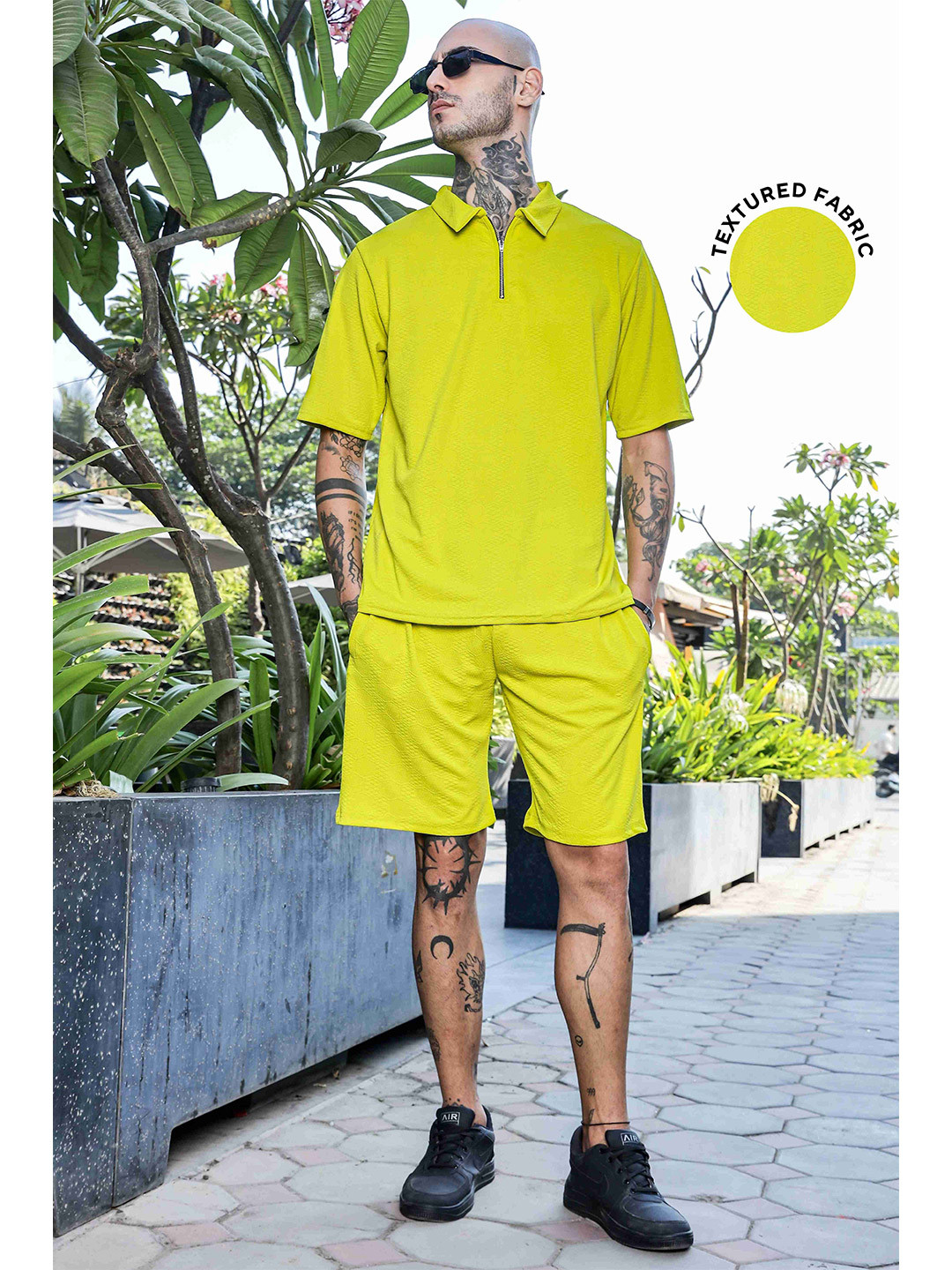 House of Koala Unisex Textured Oversized Polo Neck Tee & Shorts Co-ord Set