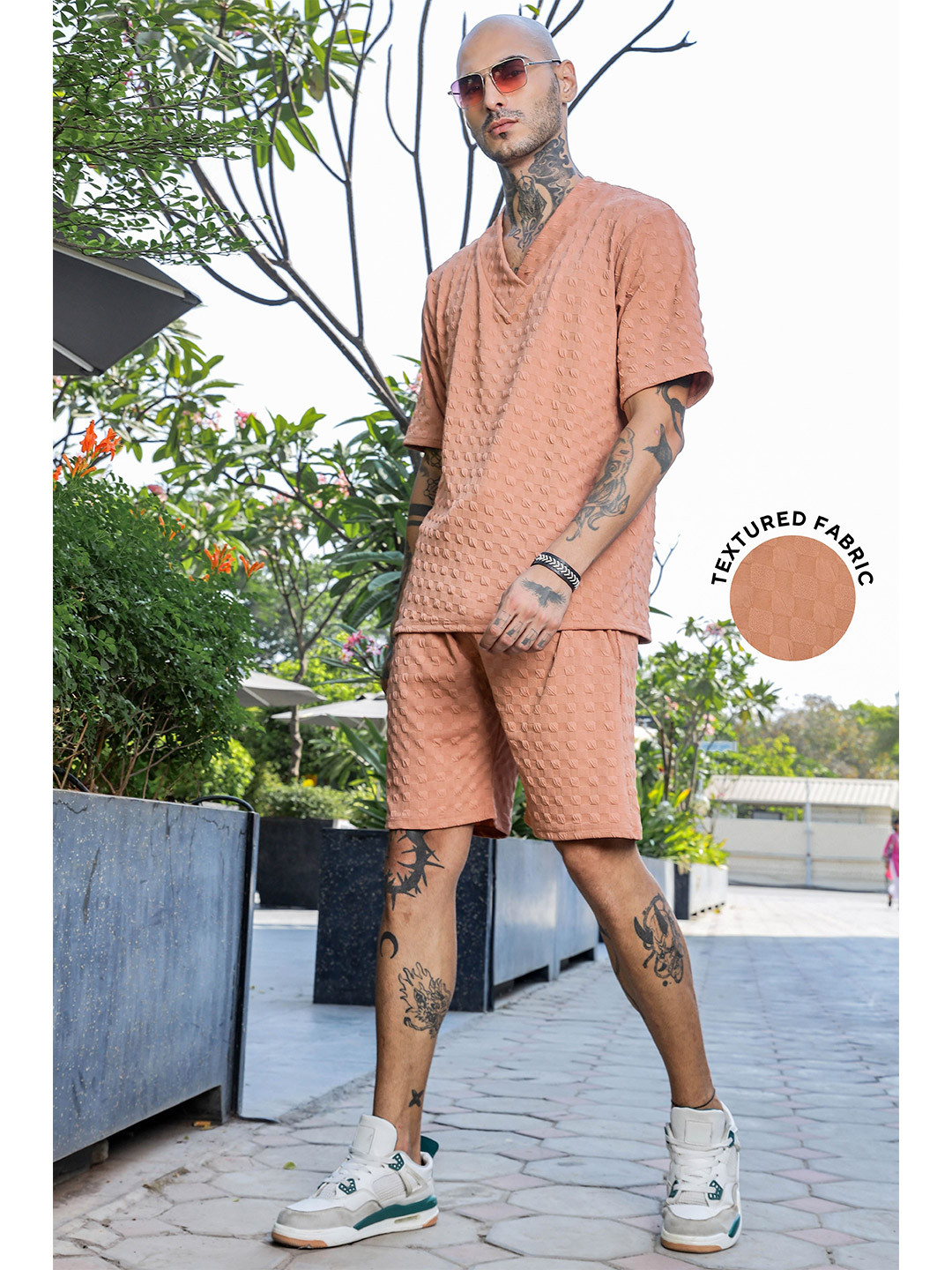 House of Koala Unisex Textured Oversized V-Neck Tee & Shorts Co-ord Set