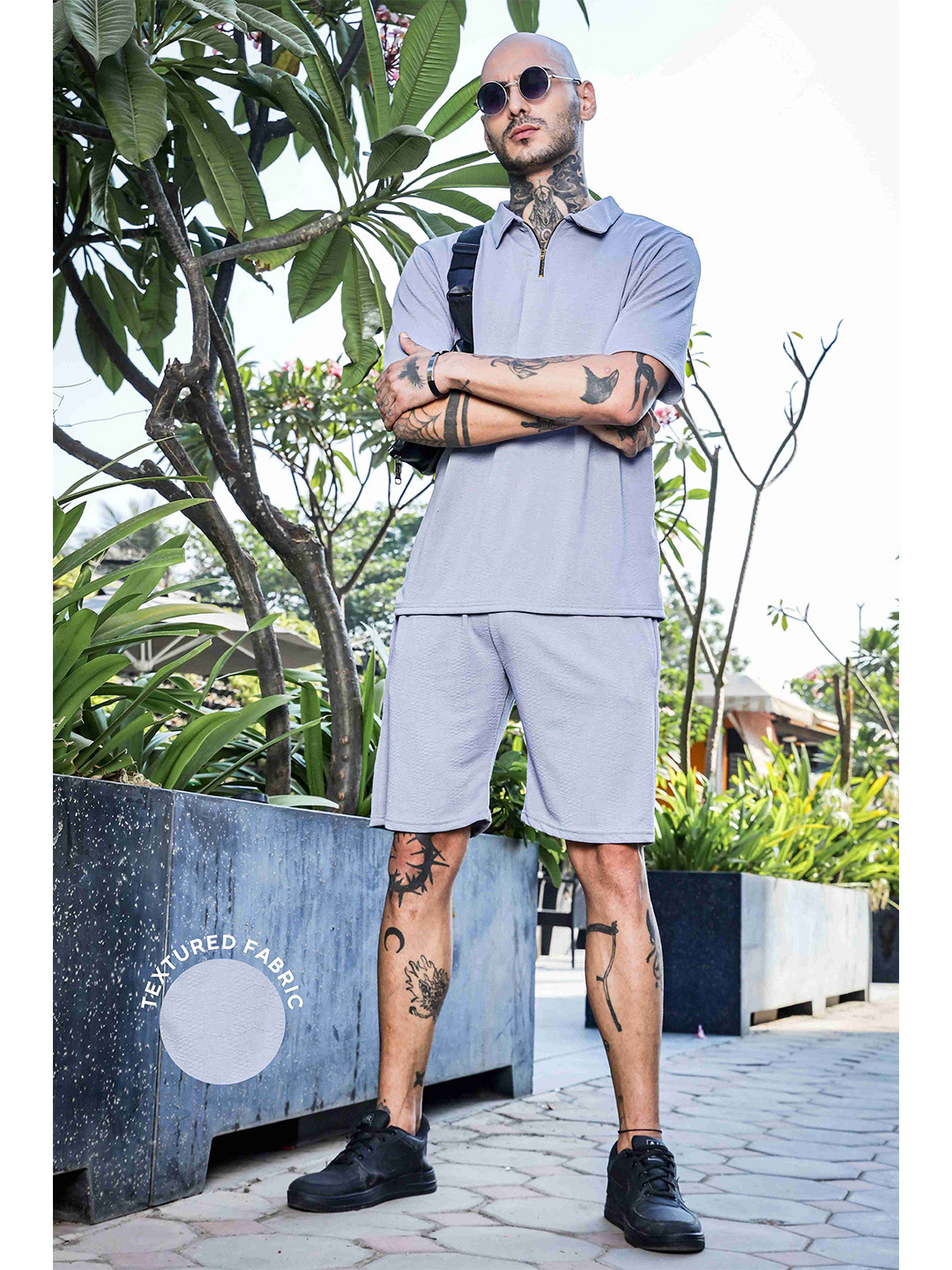 House of Koala Unisex Textured Oversized Polo Neck Tee & Shorts Co-ord Set