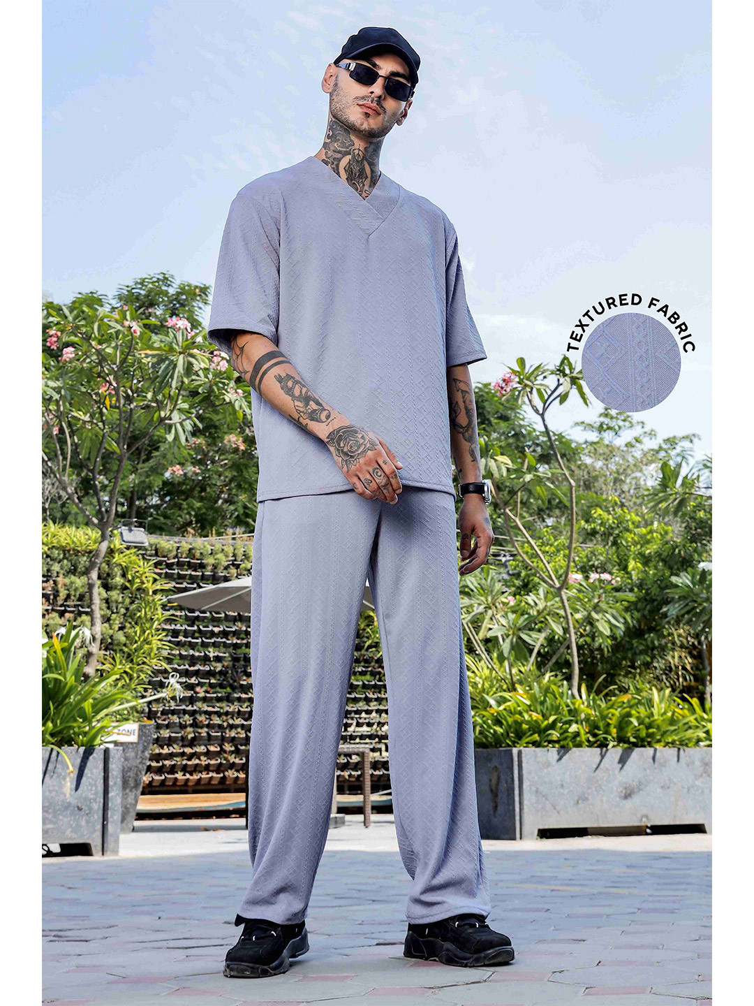 House of Koala Unisex Textured Oversized V-Neck Tee & Trackpant Co-ord Set
