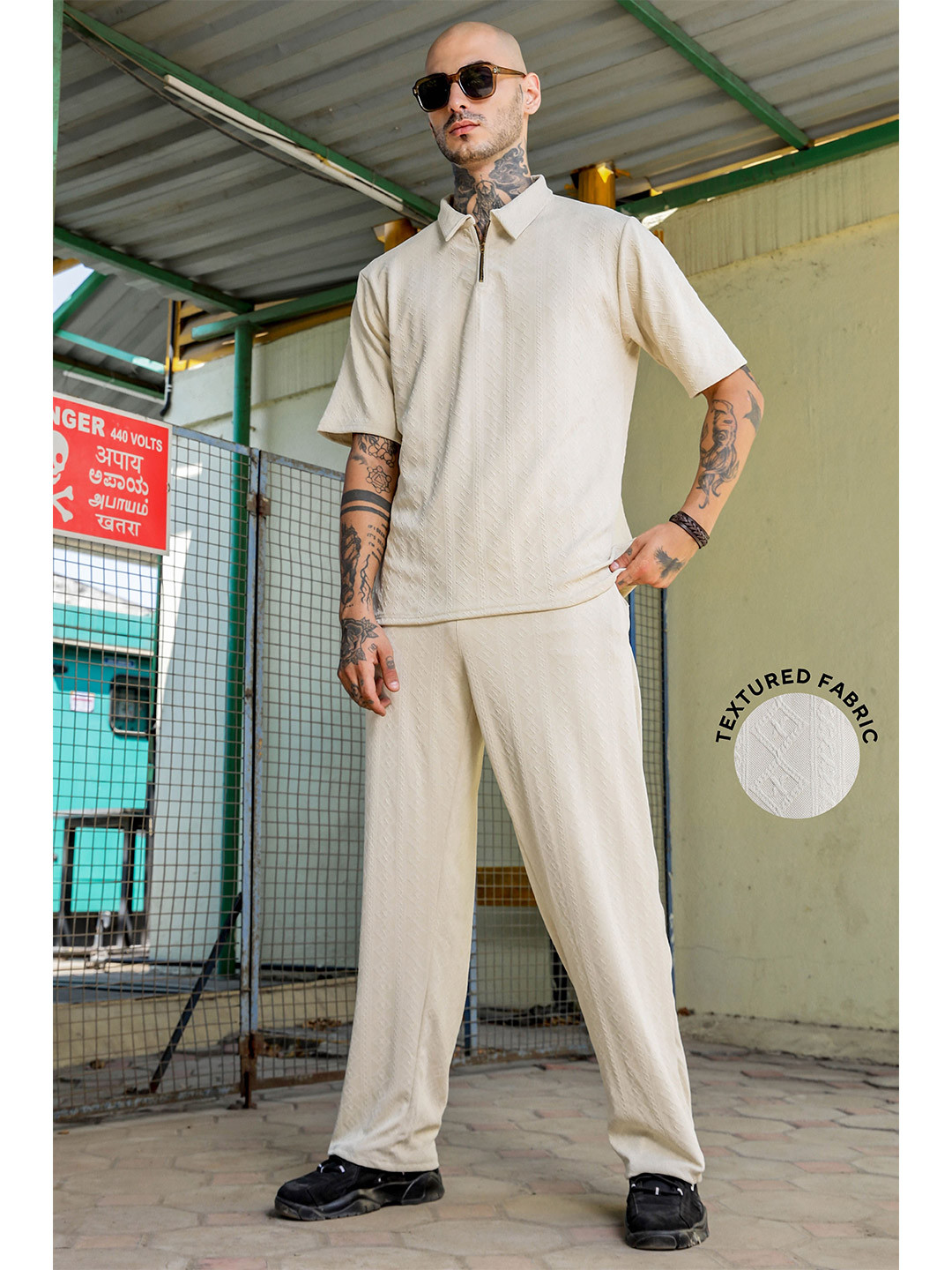 House of Koala Unisex Textured Oversized Polo Neck Tee & Trackpant Co-ord Set