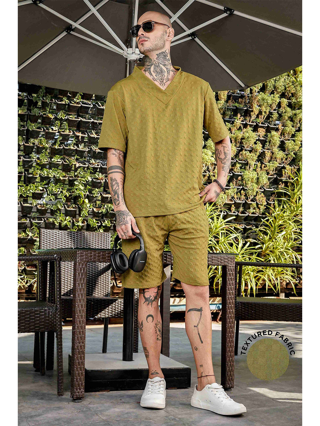 House of Koala Unisex Textured Oversized V-Neck Tee & Shorts Co-ord Set