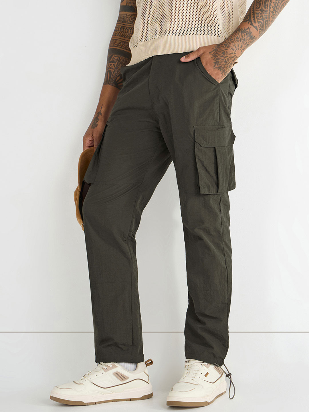 Bewakoof Men Olive Green Cargo Parachute Pants