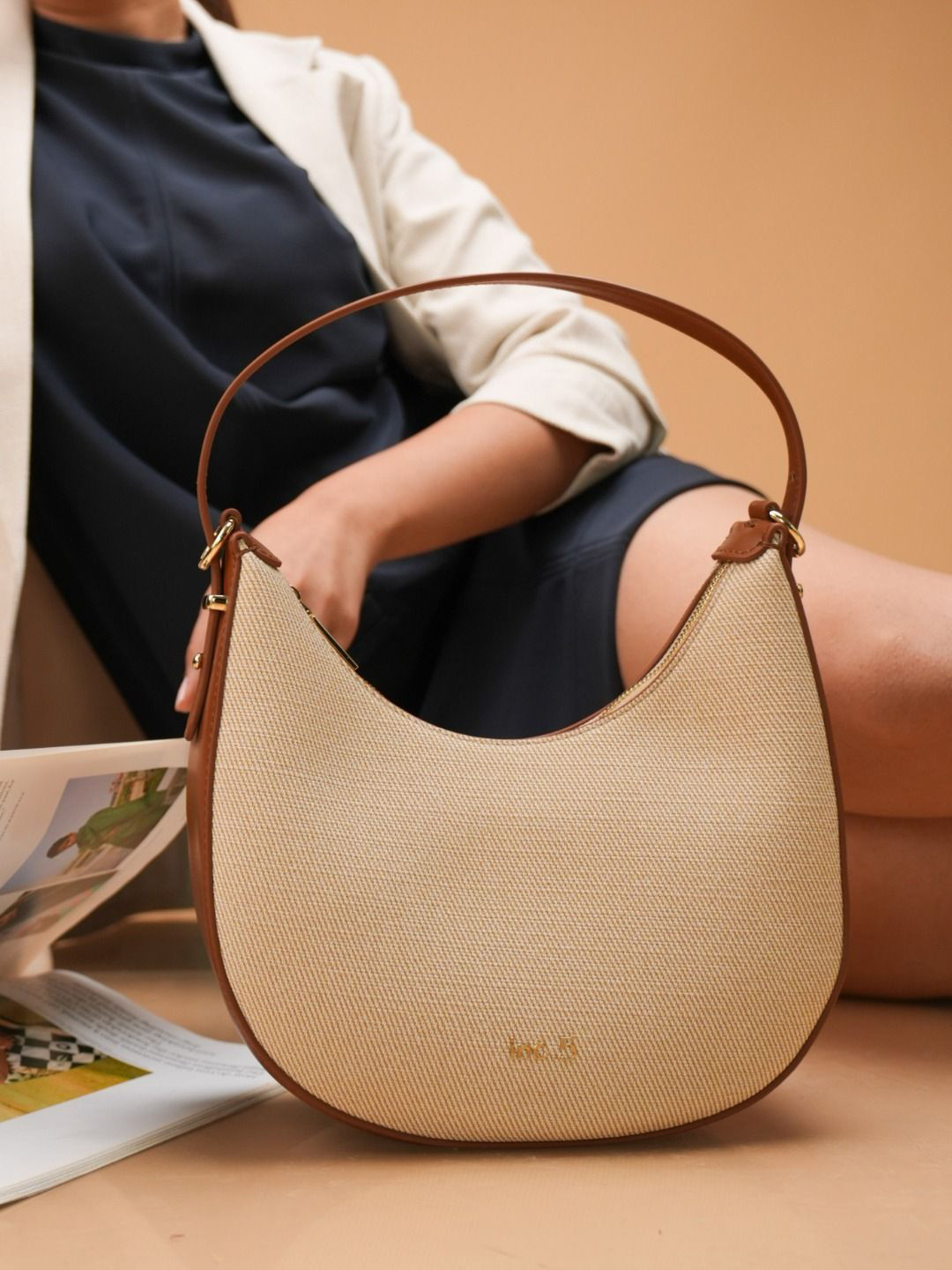 Inc 5 Women Textured Half Moon Leather Hobo Bag