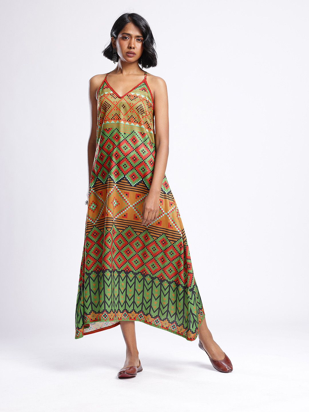 glitchez Geometric Lace Detail A-Line Midi Dress With Tie-Up