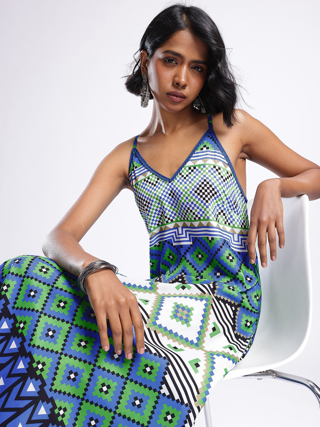 glitchez Geometric Lace Detail A-Line Midi Dress With Tie-Up