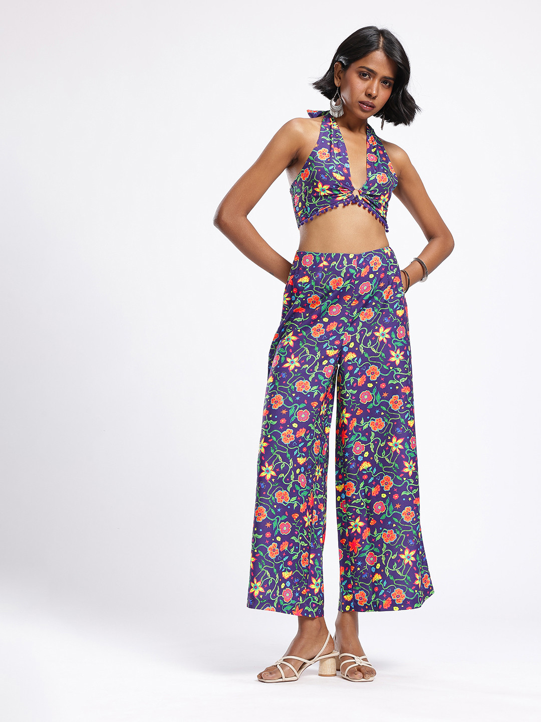 glitchez Floral Printed Halter Neck Smocked & Pom Pom Detail Crop Top With Trousers
