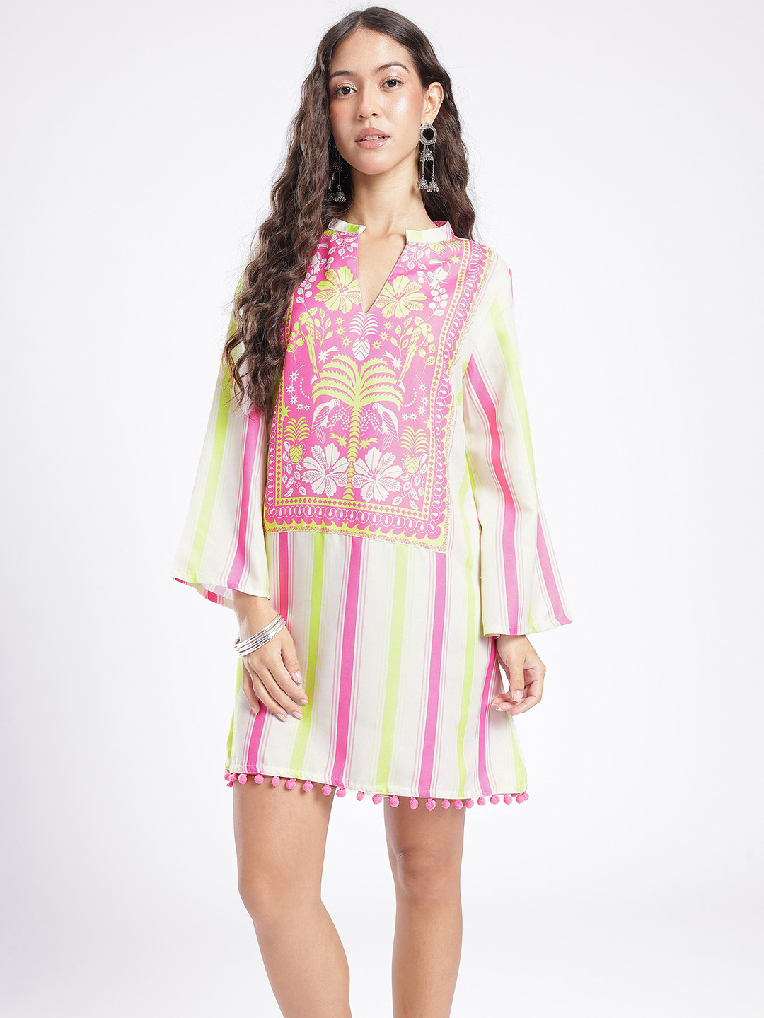 glitchez Striped Tropical Printed A-Line Mini Dress With Pom Pom Detail