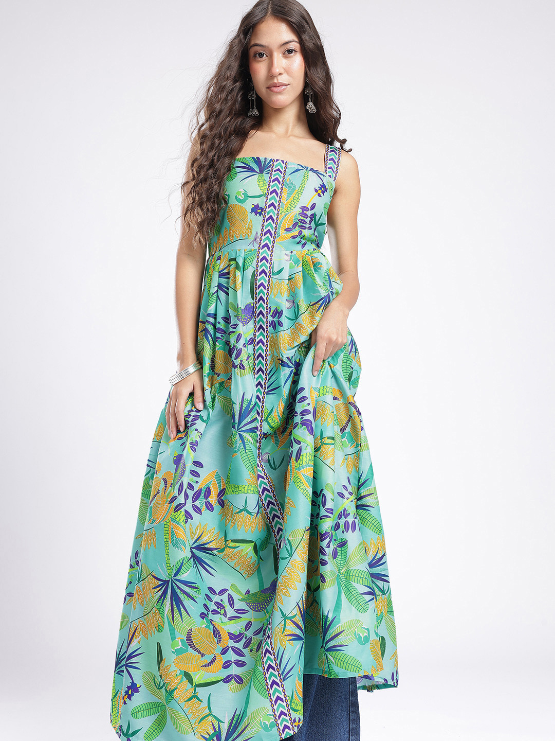 Tropical Floral Printed Tie-Up Flared Maxi Dress