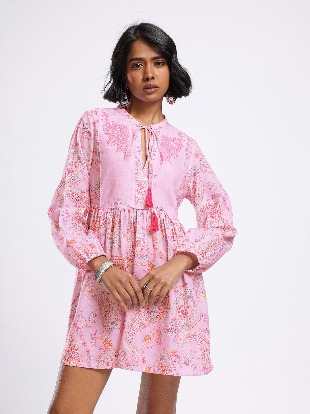 Pink Floral Embroidered Mini Dress with Lace Details