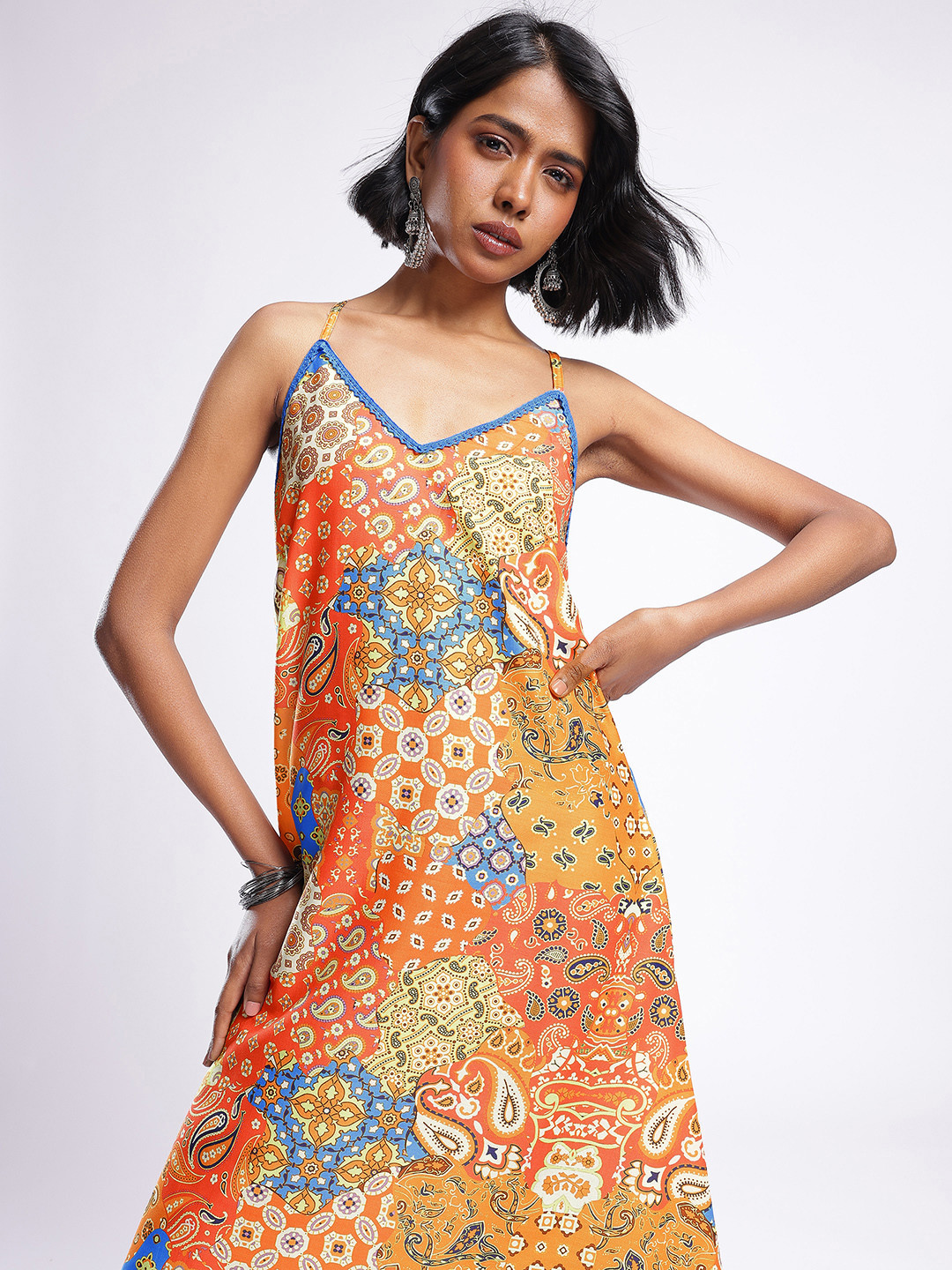 Paisley Printed Lace Detail A-Line Midi Dress