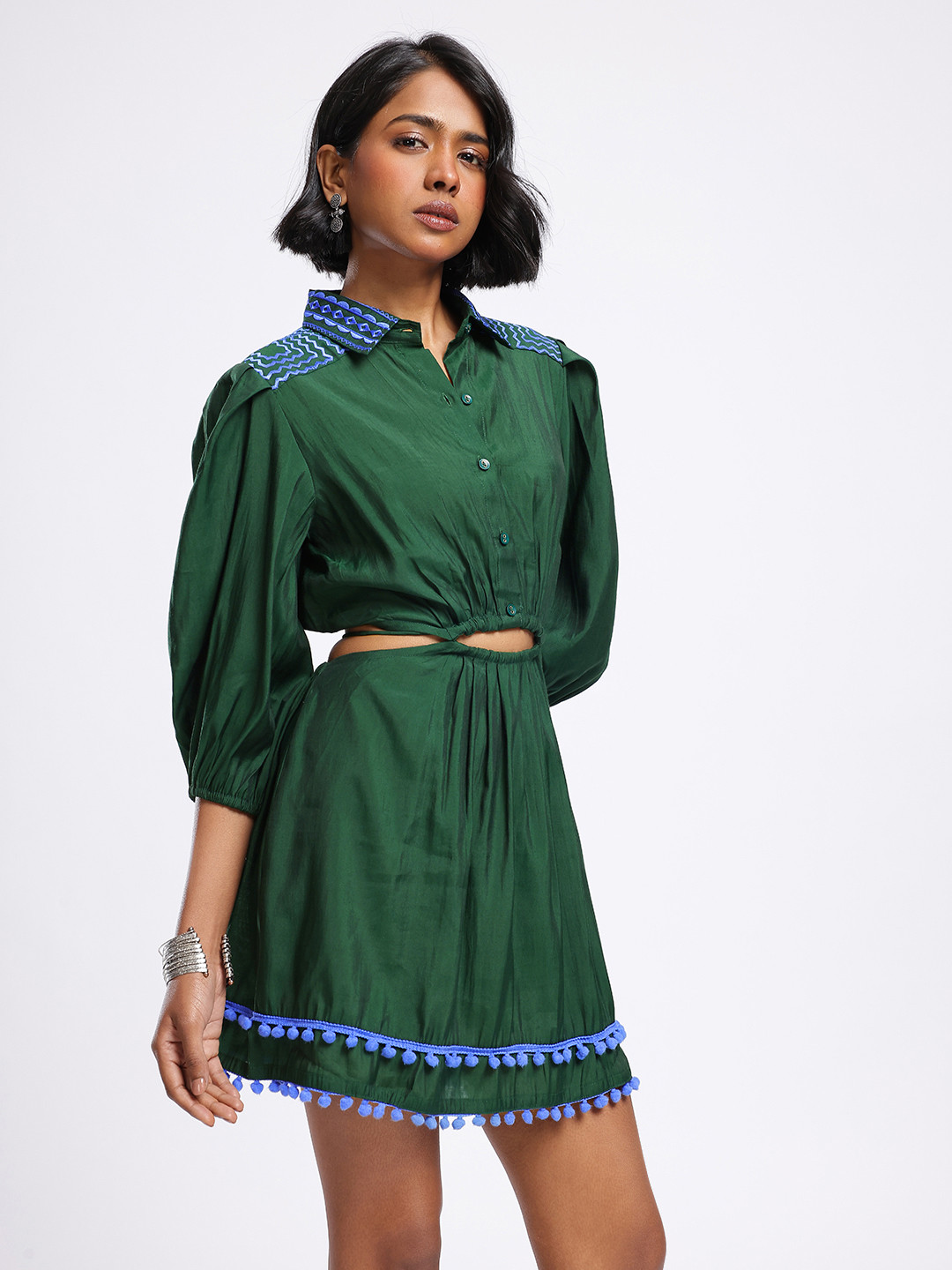 glitchez Embroidered Puff Sleeves A-Line Mini Dress With Pom Pom Hem