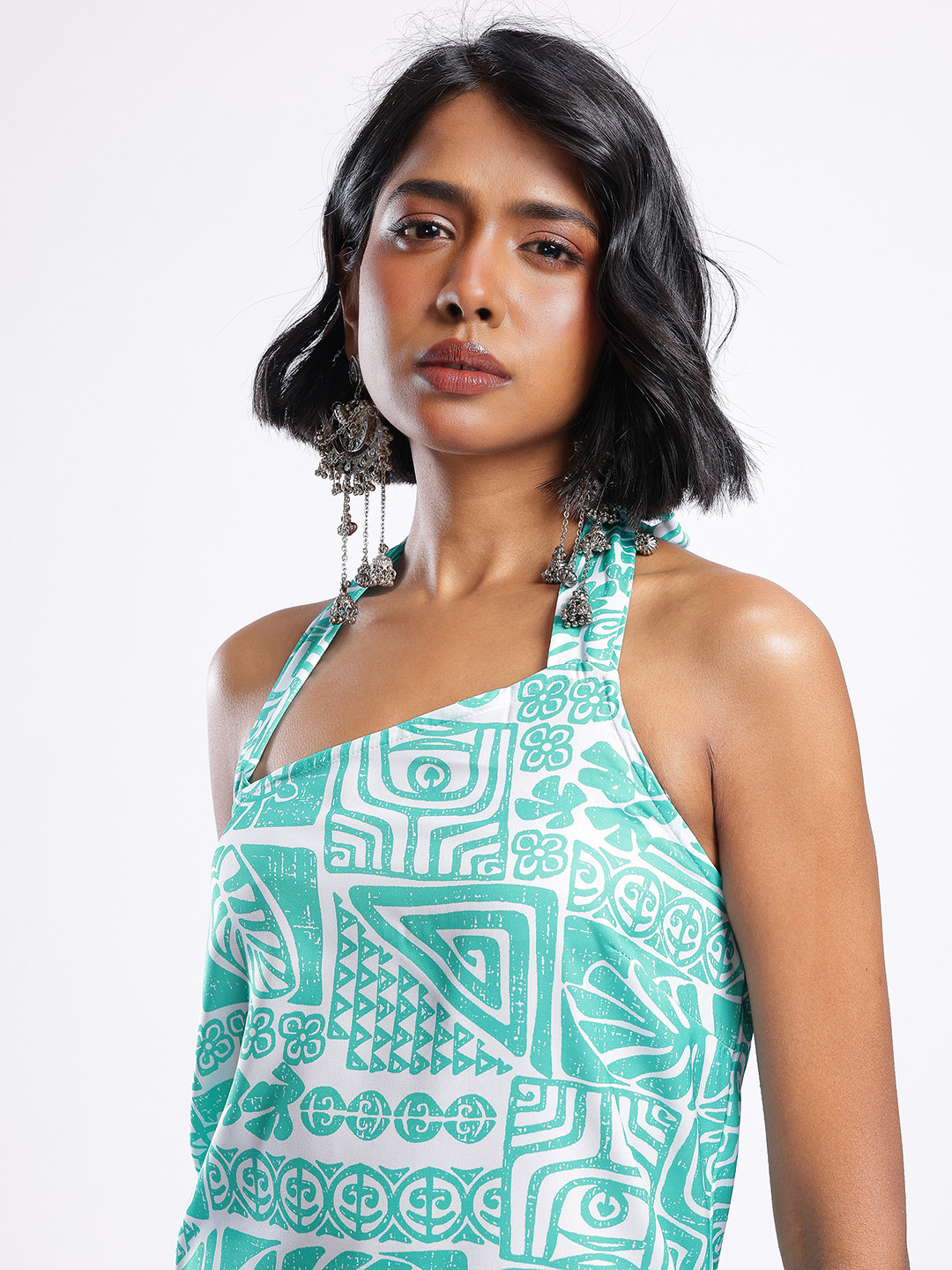 Tropical Geometric Halter Neck Knee Length Dress