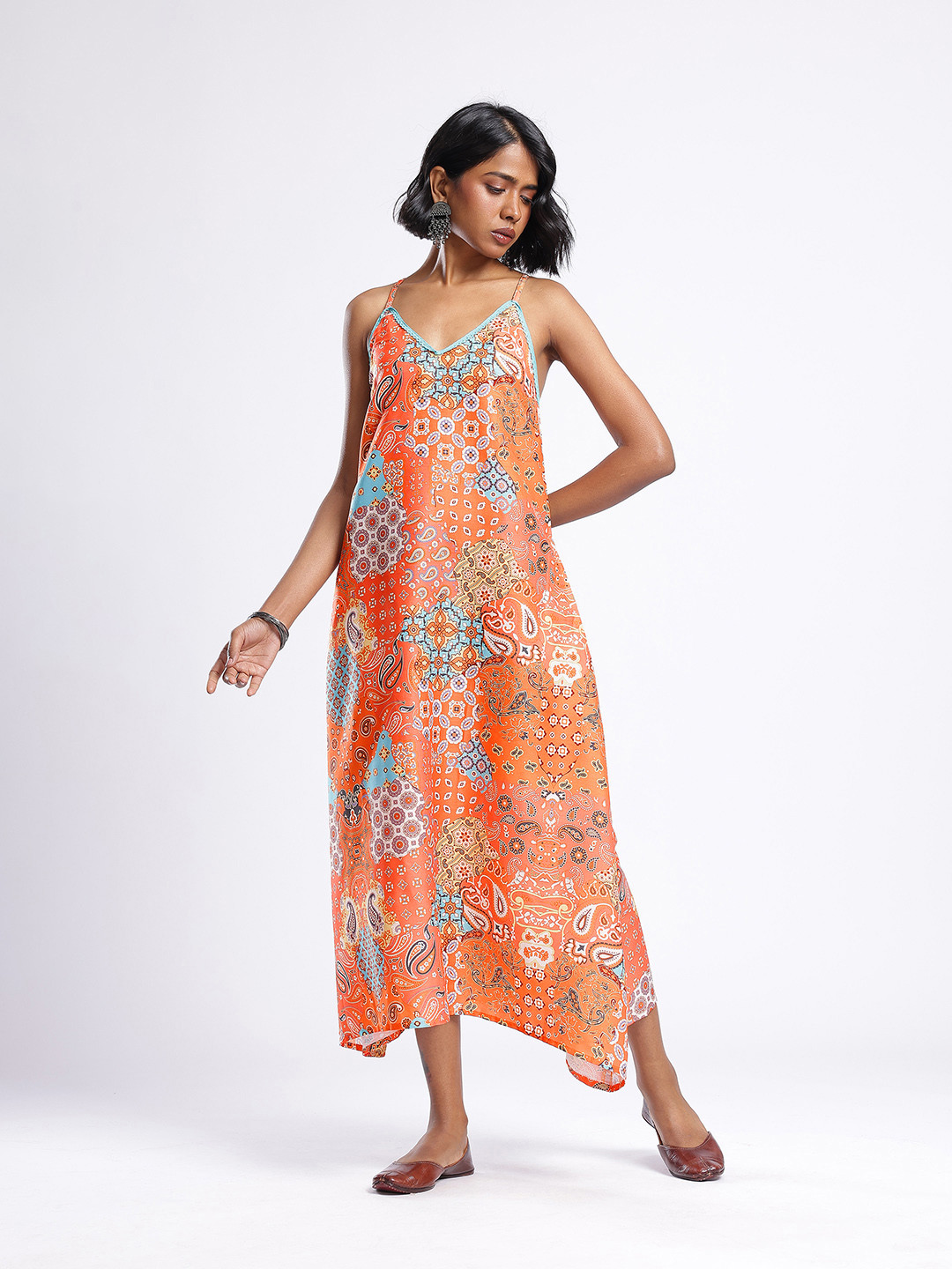 Paisley Printed Lace Detail A-Line Midi Dress