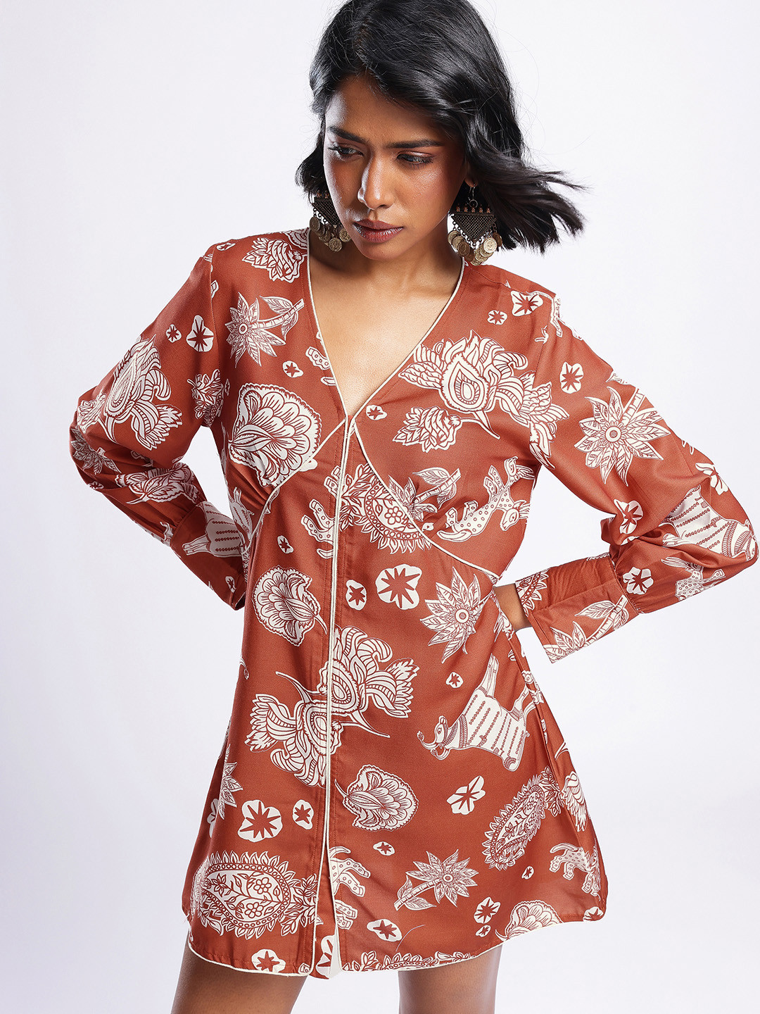 glitchez Ethnic Motifs Printed Gathered A-Line Mini Dress With Piping Detail