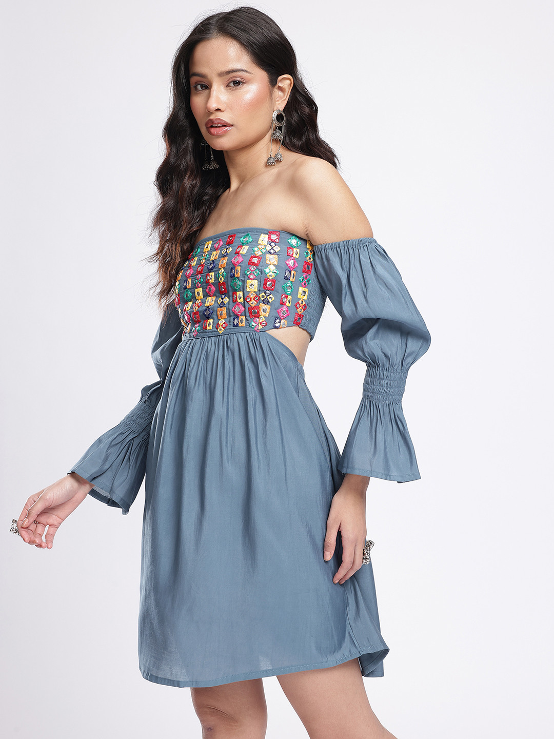 glitchez Bell Sleeves Cut-Outs A-Line Dress With Mirror Work Detail