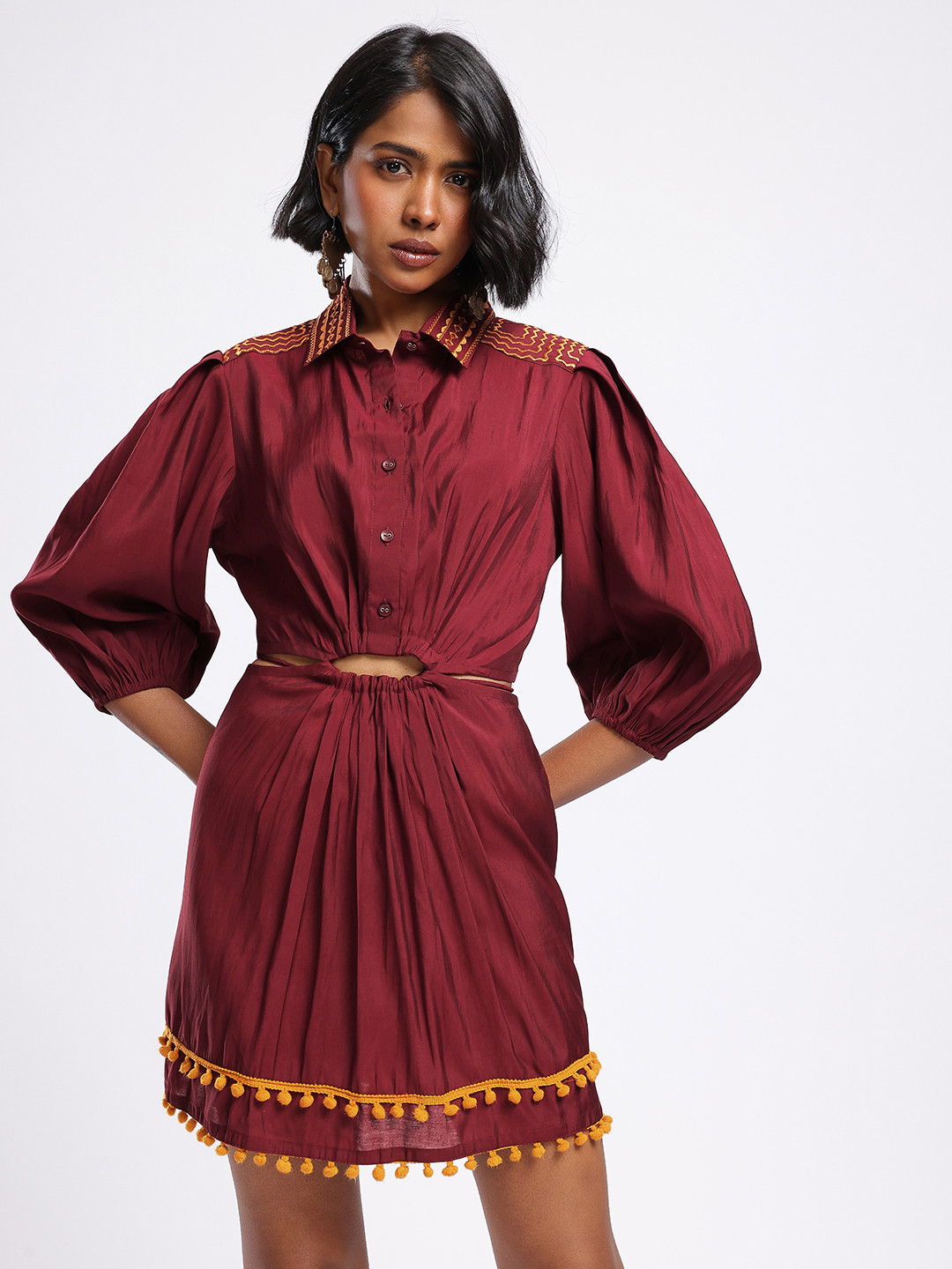 glitchez Embroidered Puff Sleeves A-Line Mini Dress With Pom Pom Hem