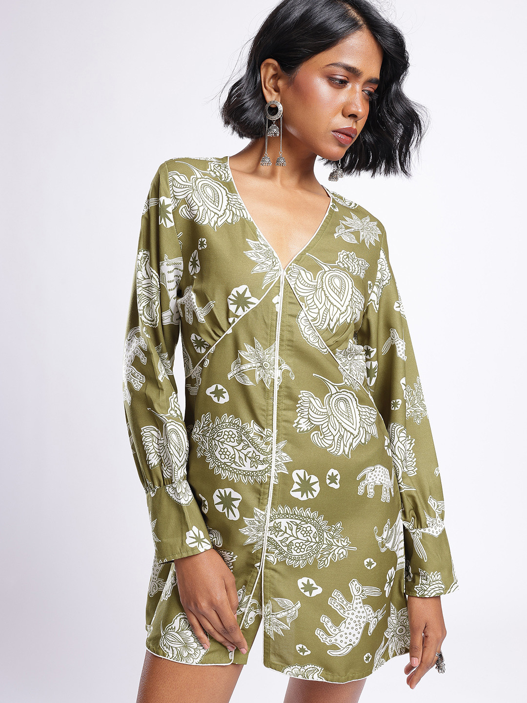 glitchez Ethnic Motifs Printed Gathered A-Line Mini Dress With Piping Detail