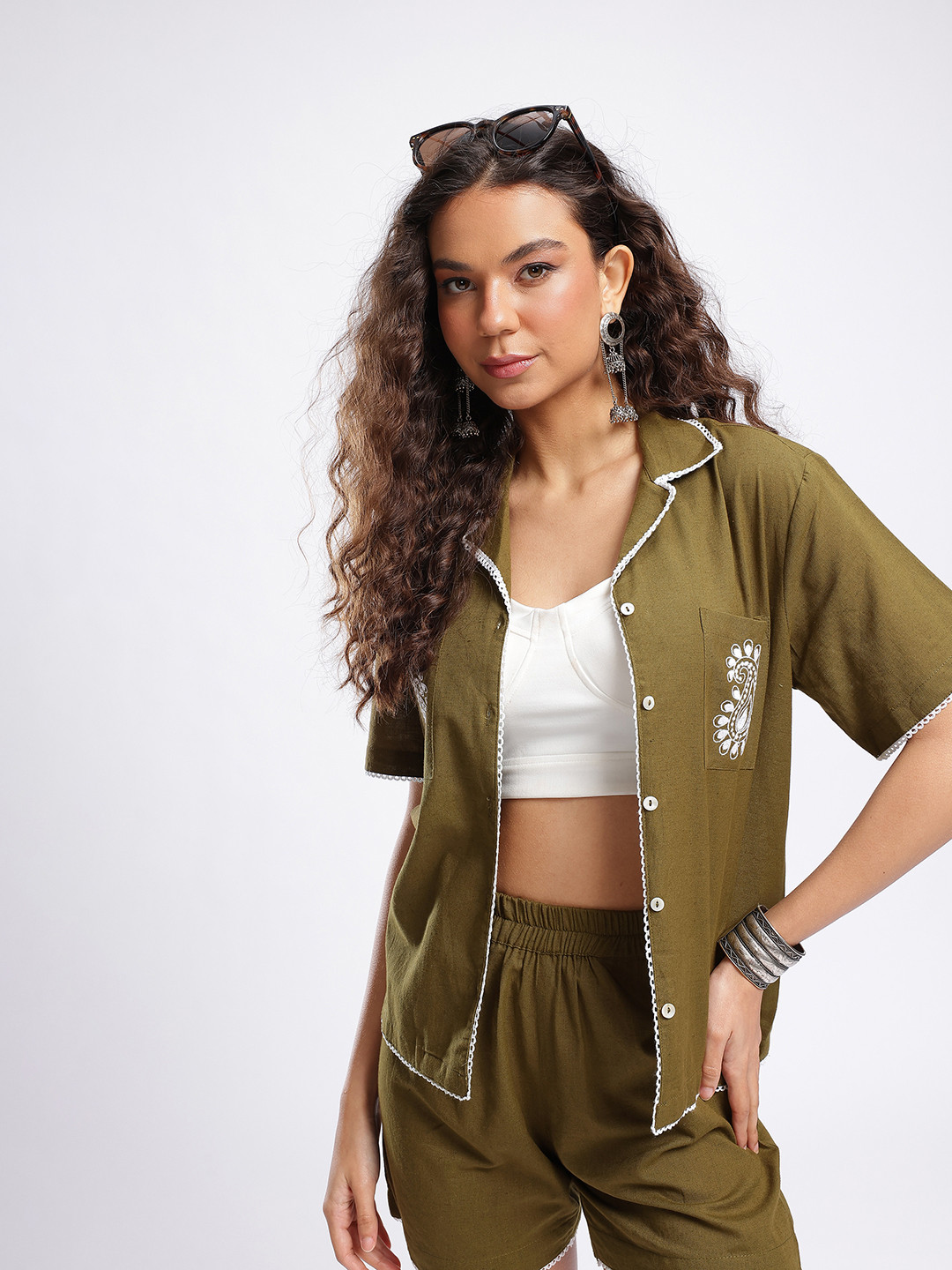 Olive Green Embroidered Shirt and Shorts Co-Ords
