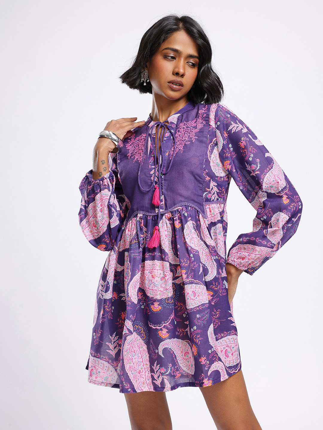 Purple Floral Embroidered A-Line Mini Dress
