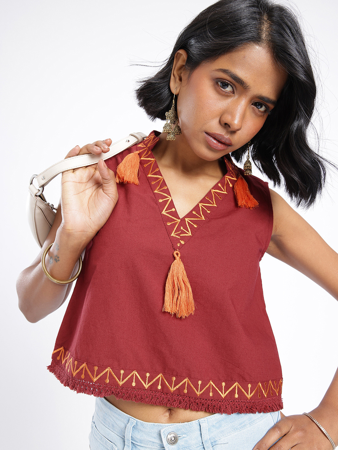 glitchez Geometric Embroidered Lace & Tassel Detail Crop Top