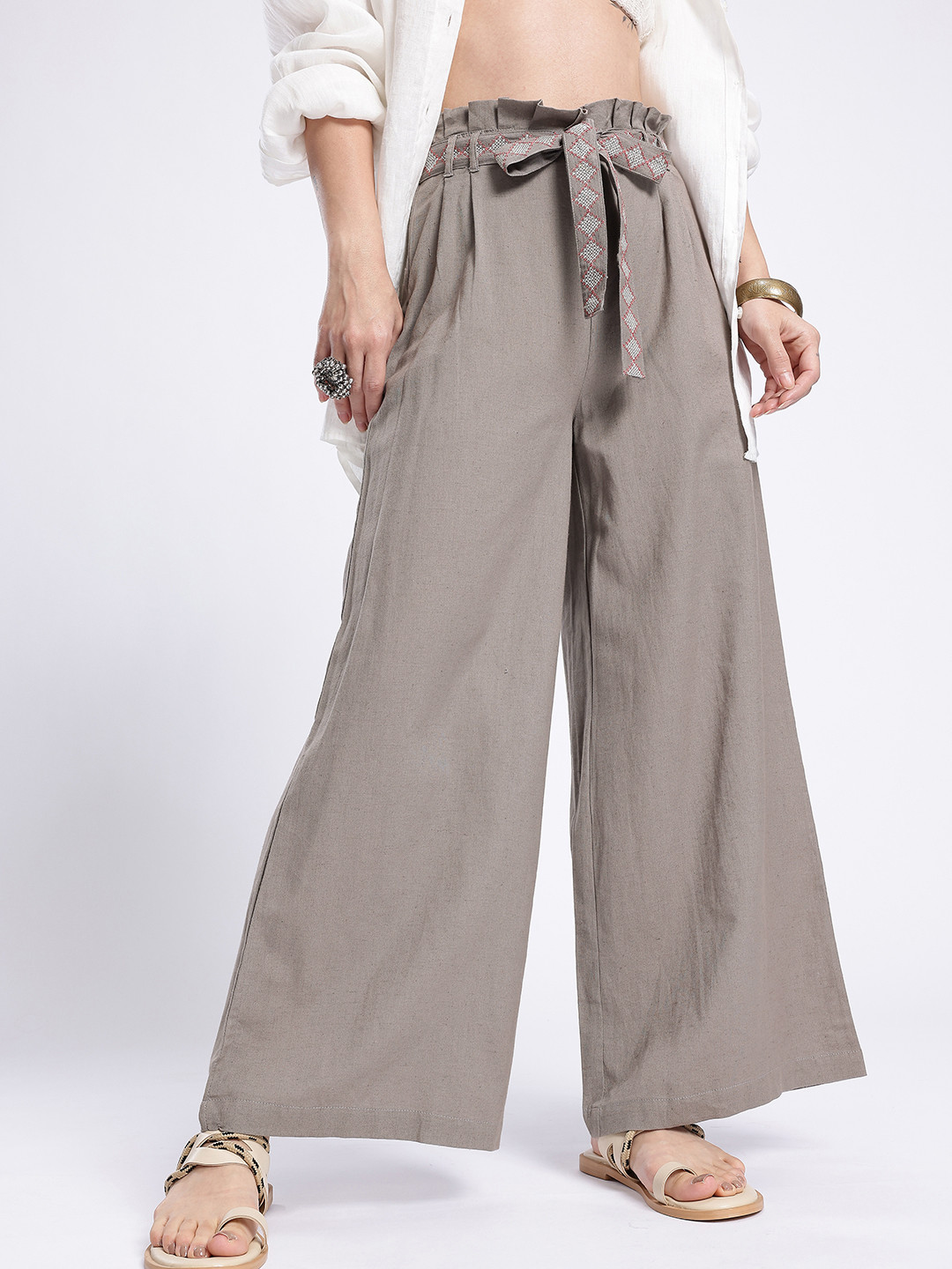 glitchez Women High-Rise Wide Leg Cotton-Linen Trousers