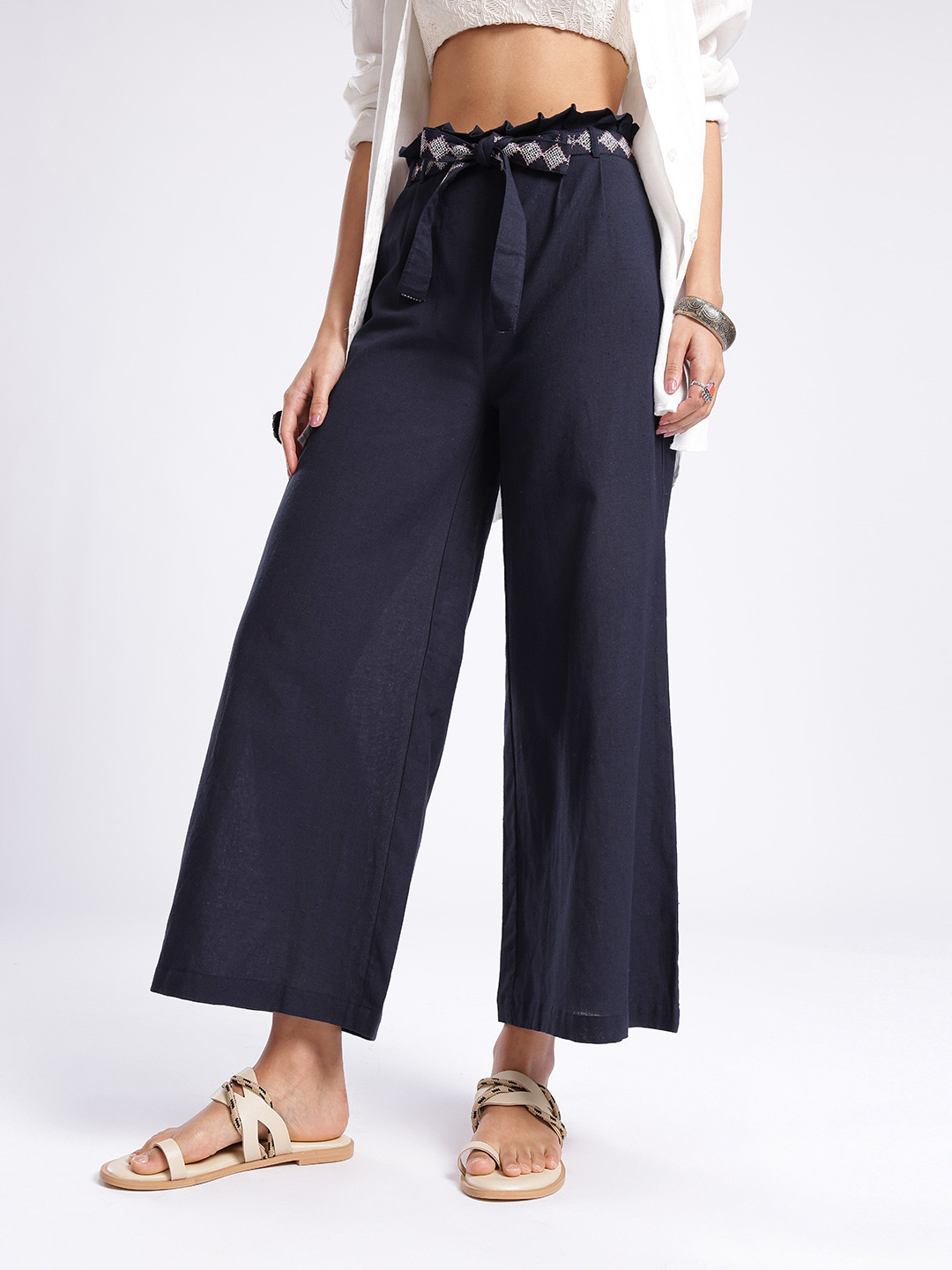 glitchez Women High-Rise Loose Fit Geometric Embroidered Trousers