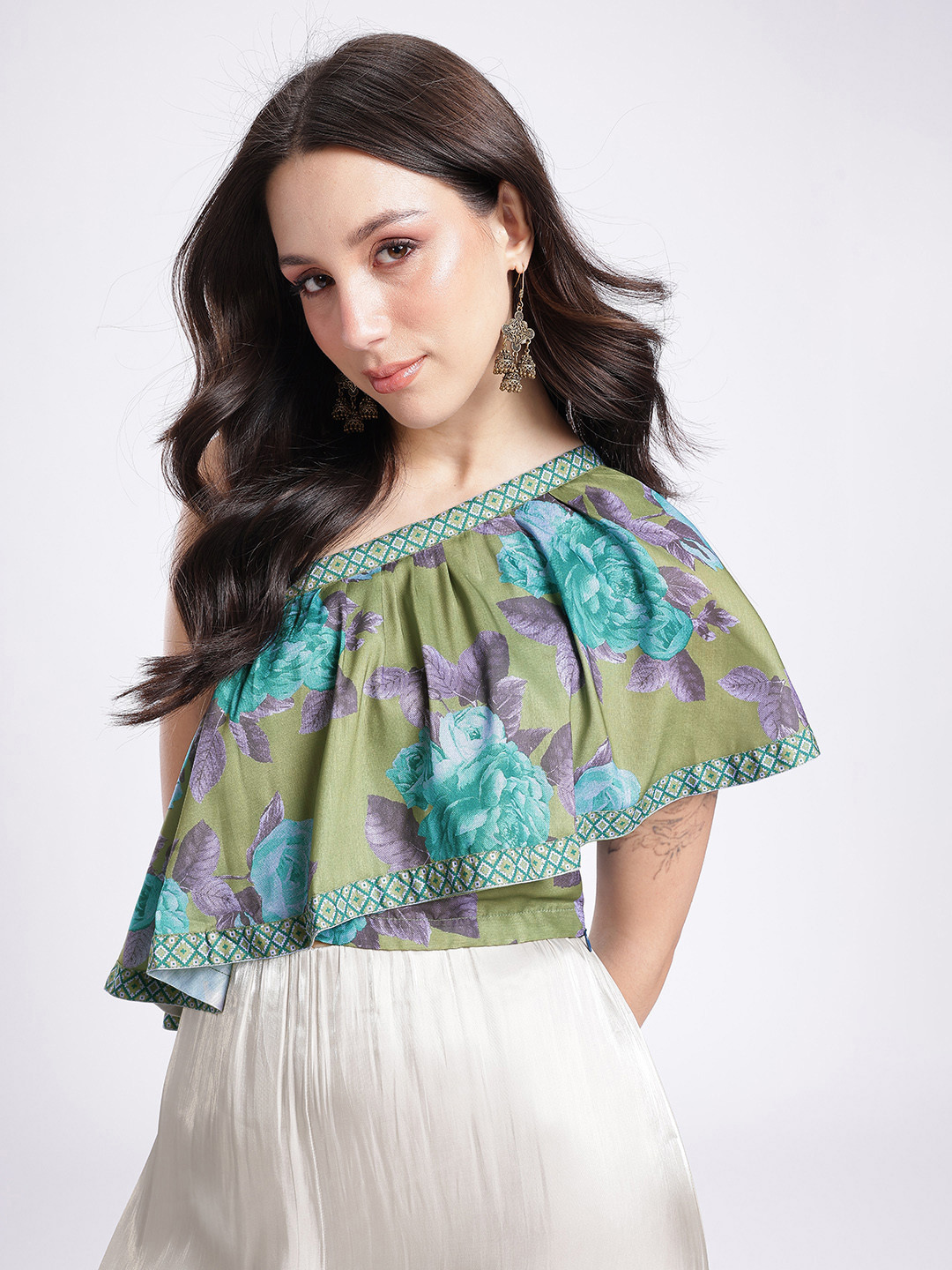 glitchez Floral Printed Layered & Gathers Detail One Shoulder Top