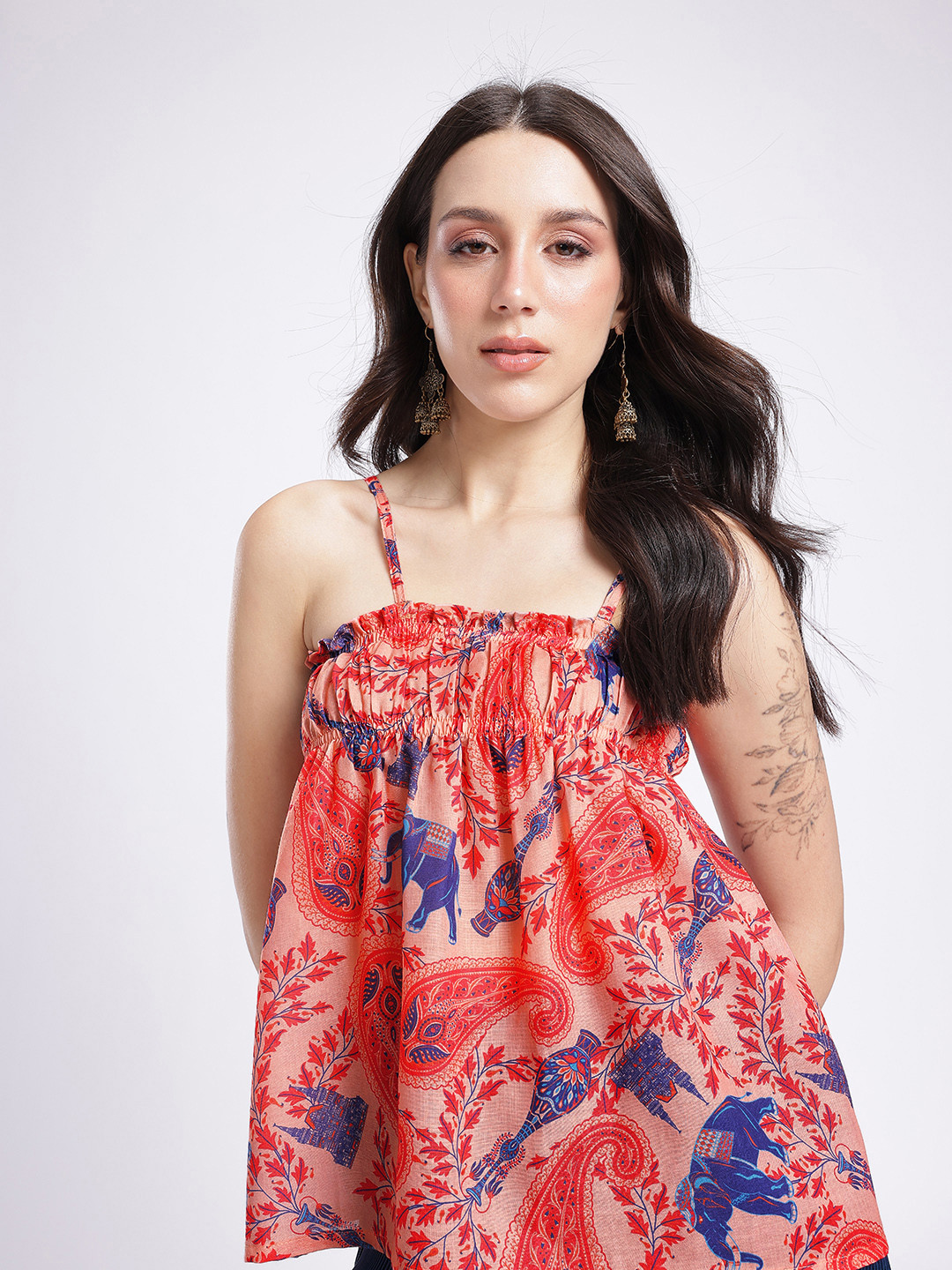 Coral Peach Ethnic Motif Sleeveless Top