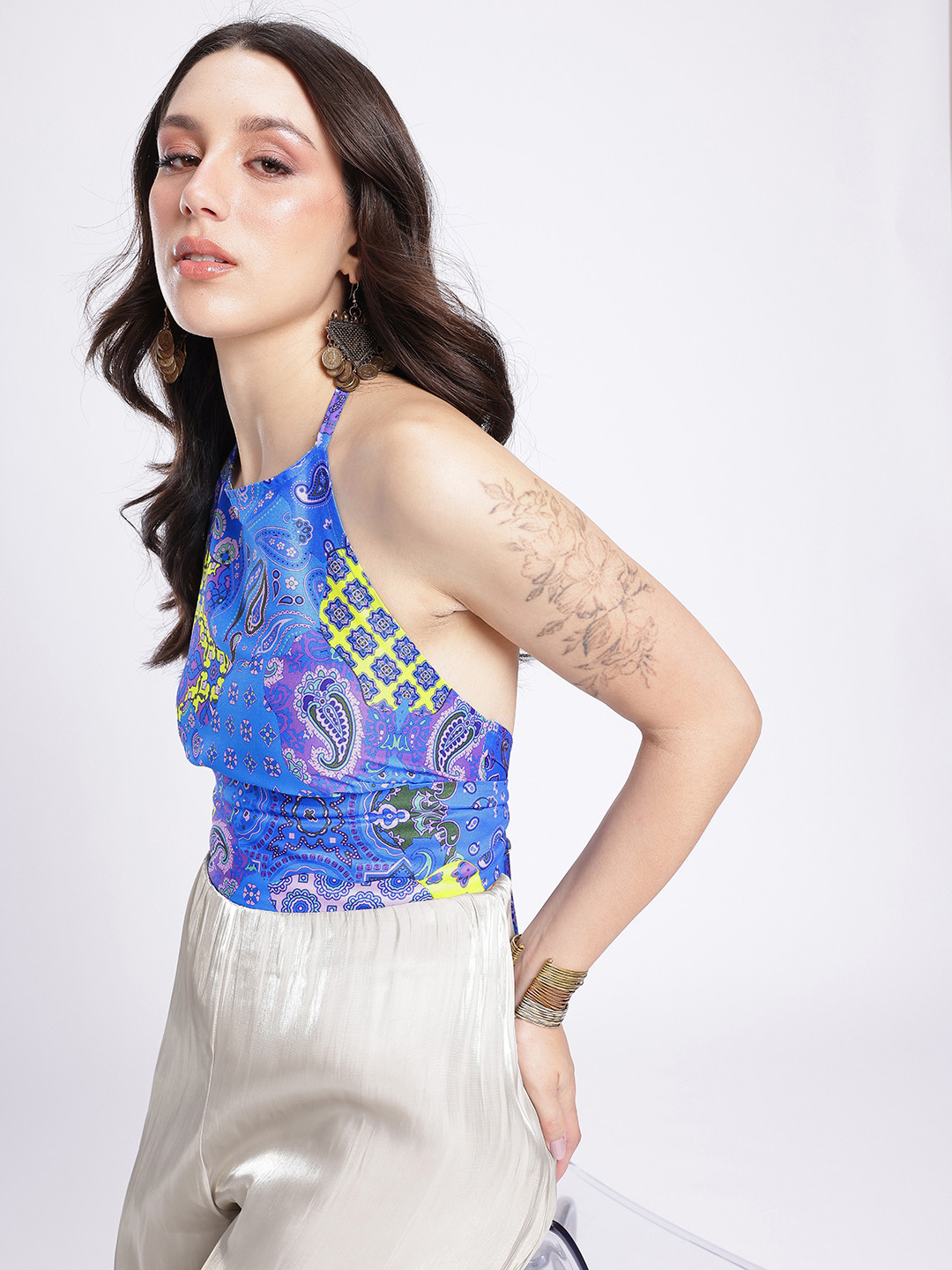 glitchez Blue Ethnic Halter Neck Crop Top