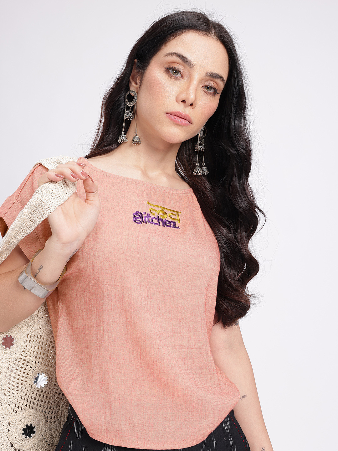 Glitchez Brand Logo Embroidered Boat Neck Top