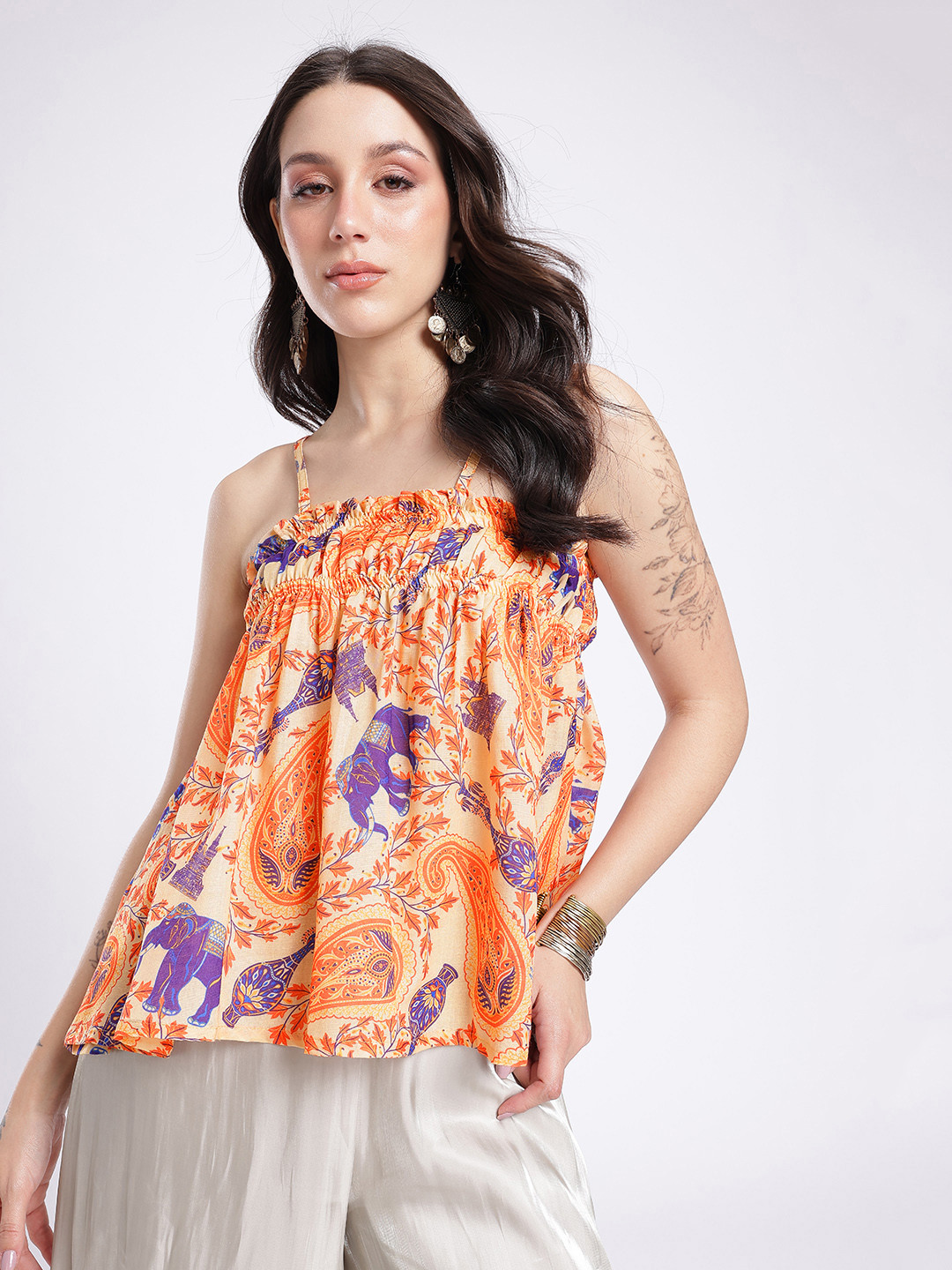 Orange & Beige Paisley Ethnic Motif Sleeveless Top