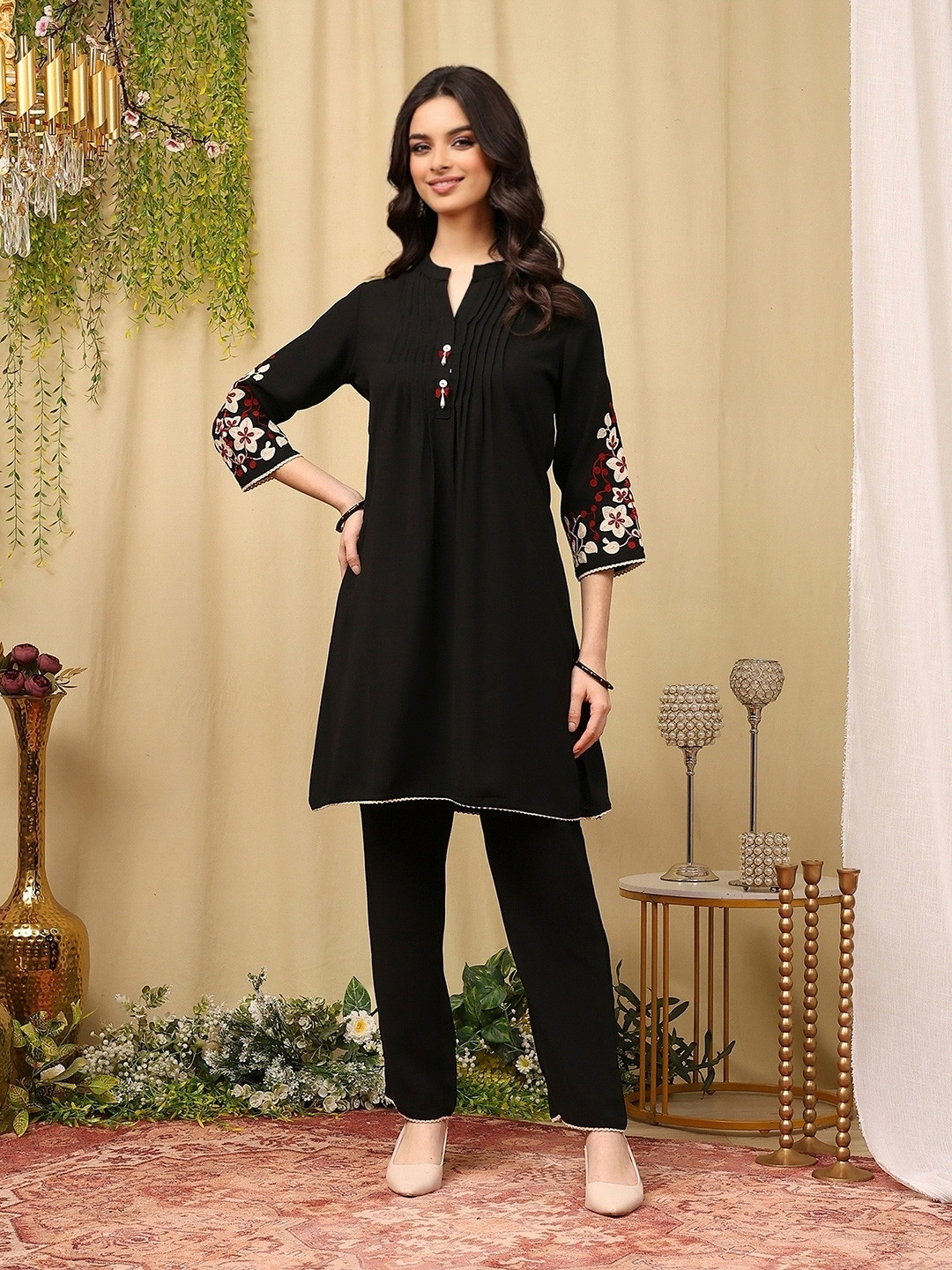 Nayam By Lakshita Solid Mandarin Collar Thread Work A-Line Kurta With Trouser Crepe Set