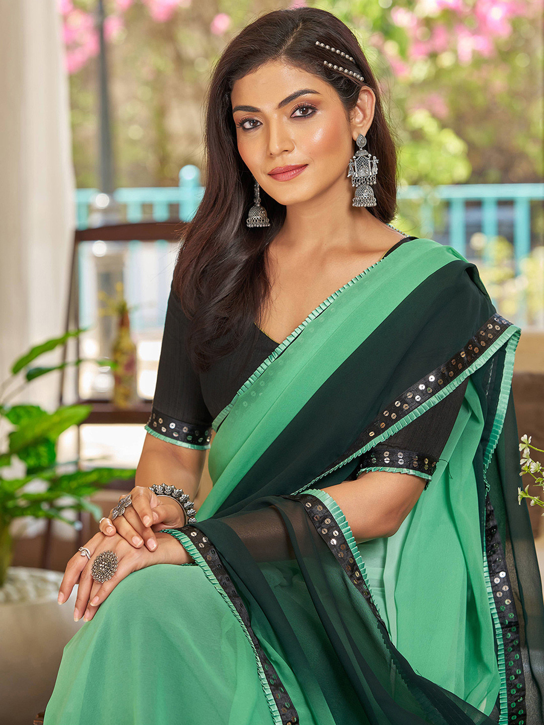 KALINI Ombre Embellished Sequinned Pure Georgette Kota Saree
