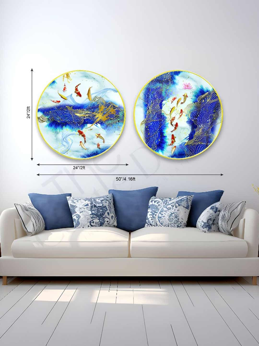 The Castle Decor Fishes Sparkle Synthetic Wood 2 Piece Round Paintings Wall Art-50 x24In